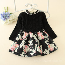 Girls Floral long sleeve dress long sleeve wedding dress black evening party maxi princess dress with beads collar